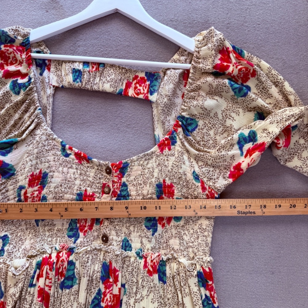 Free People Floral Boho Smocked Mini Dress Balloon Sleeve Size L Whimsical Retro - Picture 7 of 13